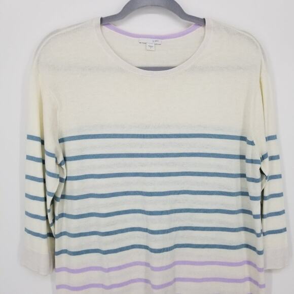 3/$25 J Jill Striped Sweater S 3/4 Sleeves Cream Purple Blue Cotton Bamboo - Picture 6 of 10